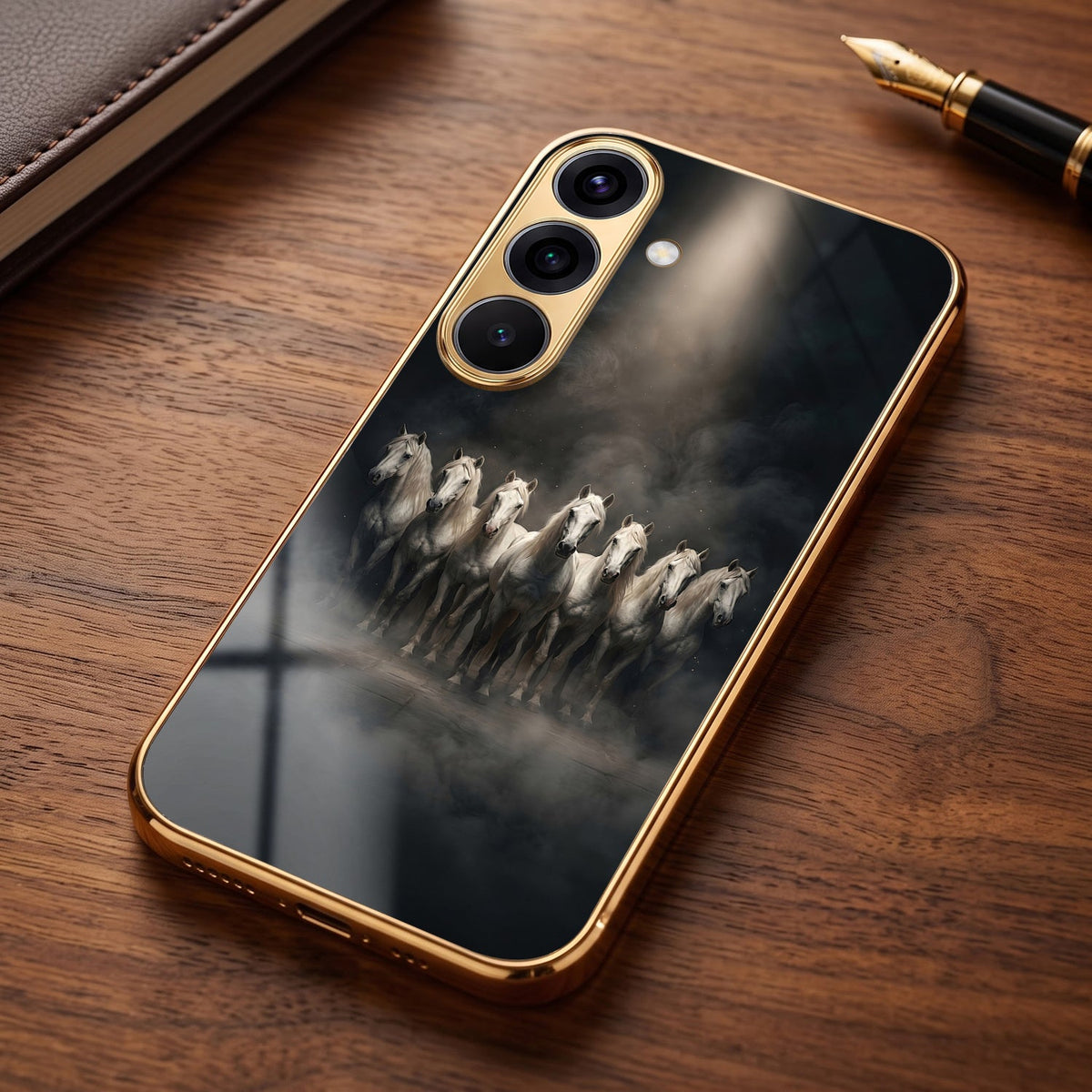 Samsung Galaxy A36 5G Running Horses Gold Electroplated Glass Phone Back Case
