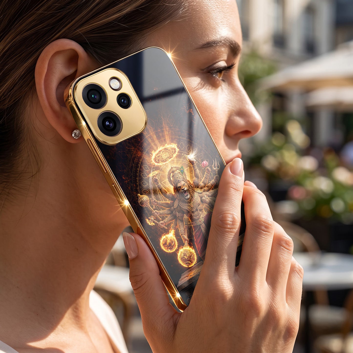 Oppo Reno 15 Pro Mini 5G Lord Narasimha Gold Electroplated Glass Phone Back Case
