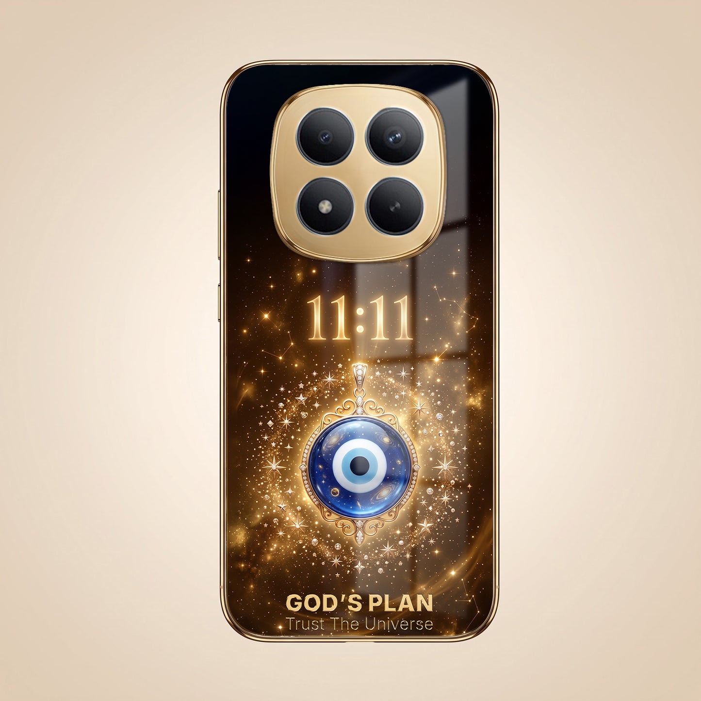 Redmi Note 15 Pro Plus 5G God’s Plan Evil Eye Gold Electroplated Glass Phone Back Case