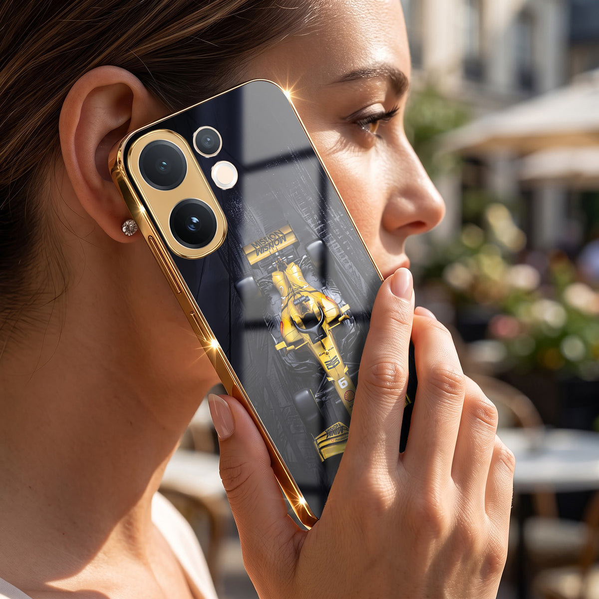 Vivo V60 5G F1 Racing Car Gold Electroplated Glass Phone Back Case