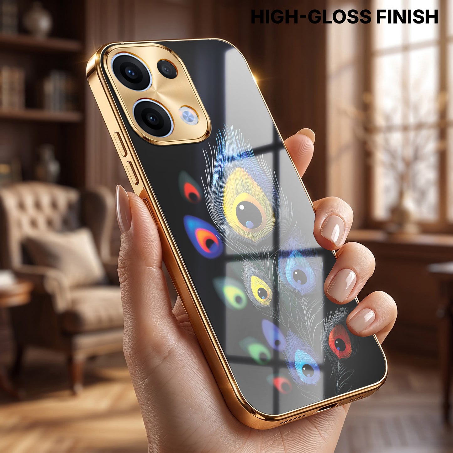 Oppo Reno 13 5G Premium Peacock Feather Gold Electroplated Glass Phone Back Case