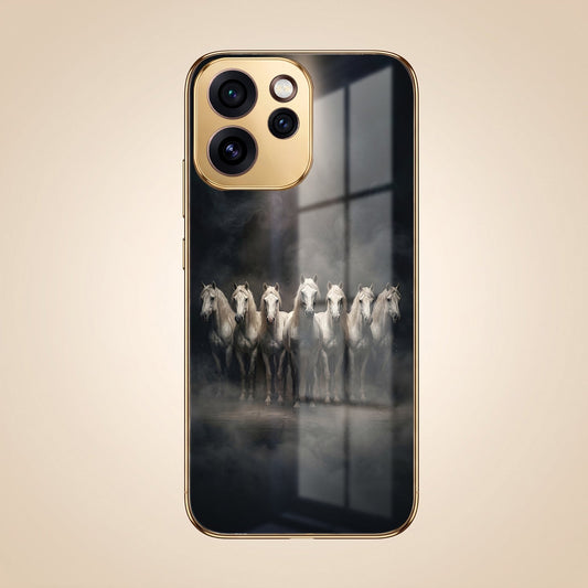 Oppo Reno 15 Pro Mini 5G Running Horses Gold Electroplated Glass Phone Back Case
