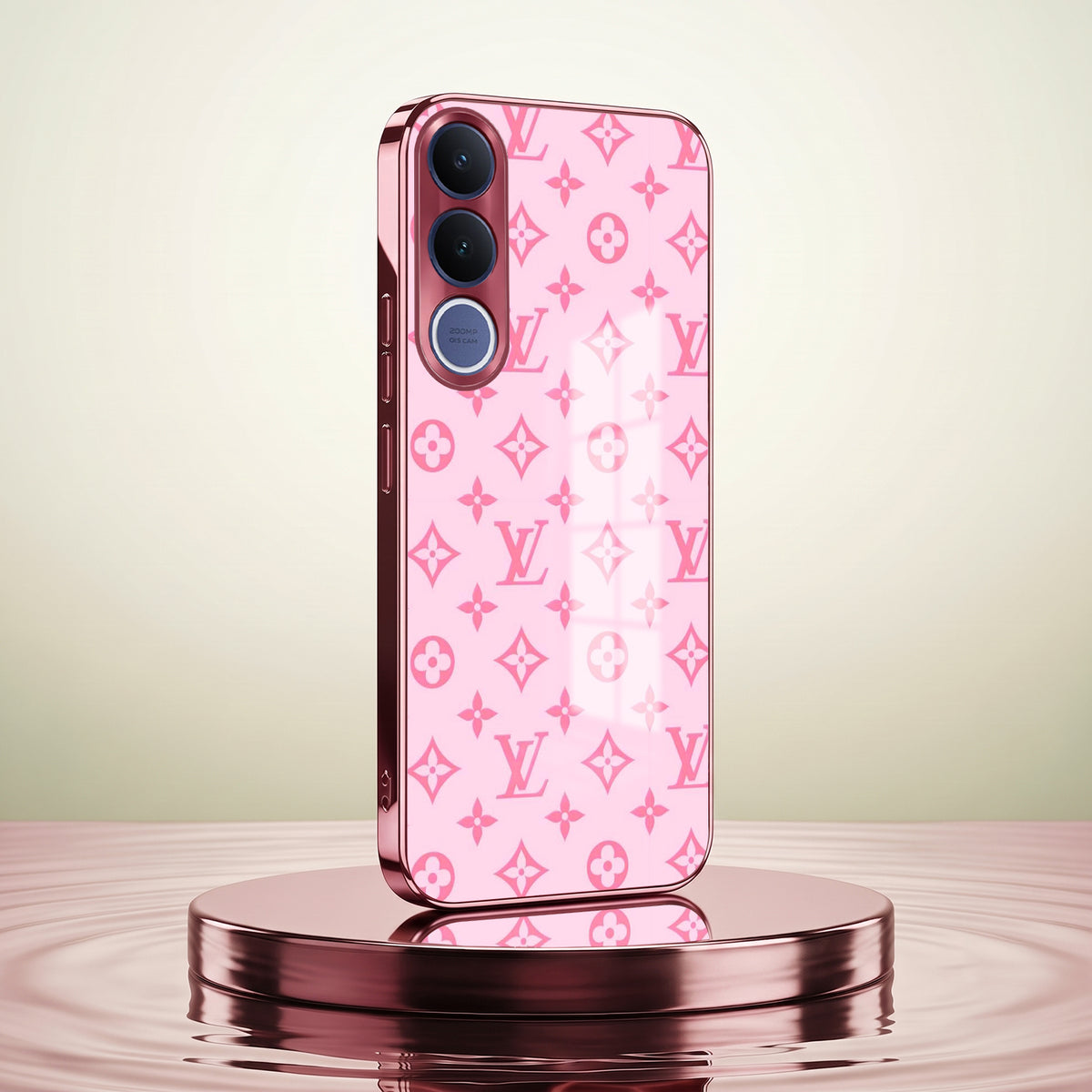 Vivo V70 FE 5G Luxury Monogram Pink Electroplated Glass Phone Back Case