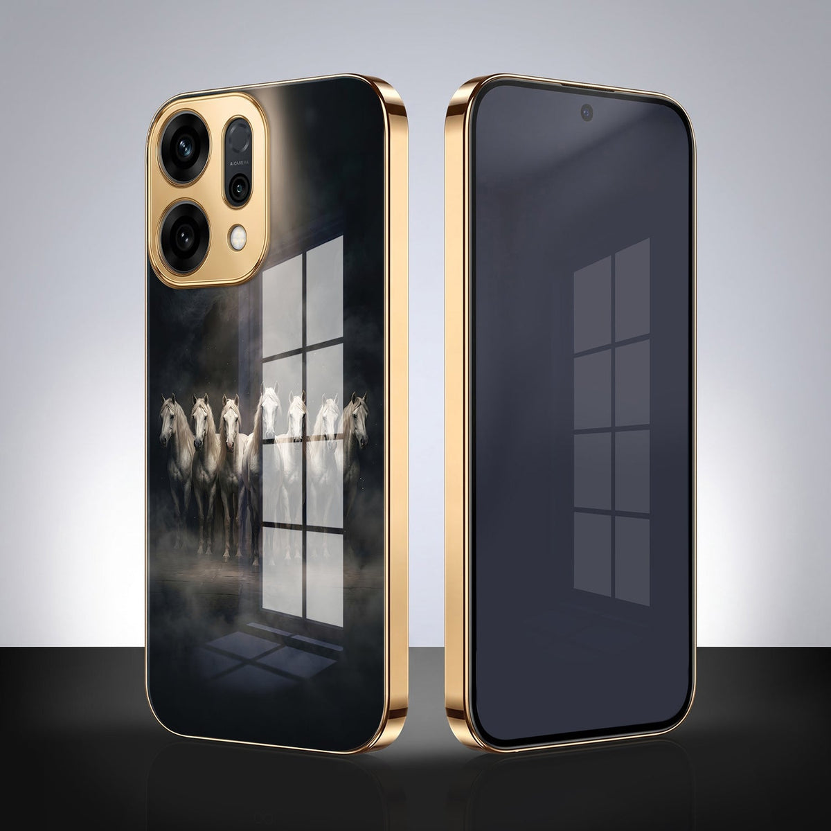 Oppo Reno 14 5G Running Horses Gold Electroplated Glass Phone Back Case