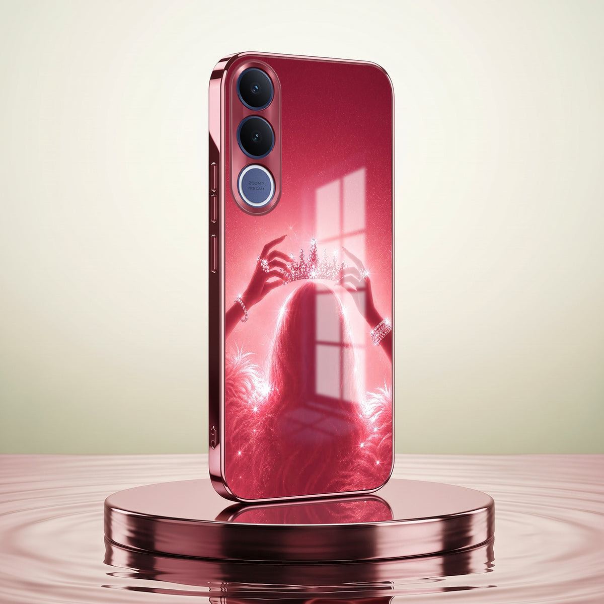 Vivo V70 FE 5G Luxury Crown Queen Pink Electroplated Glass Phone Back Case