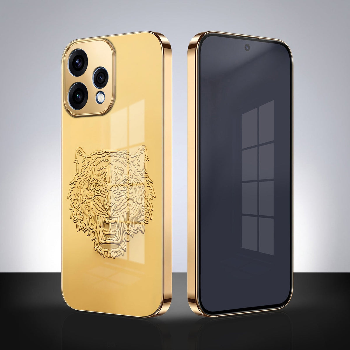 Oppo Reno 15 5G Golden Tiger Face Gold Electroplated Glass Phone Back Case