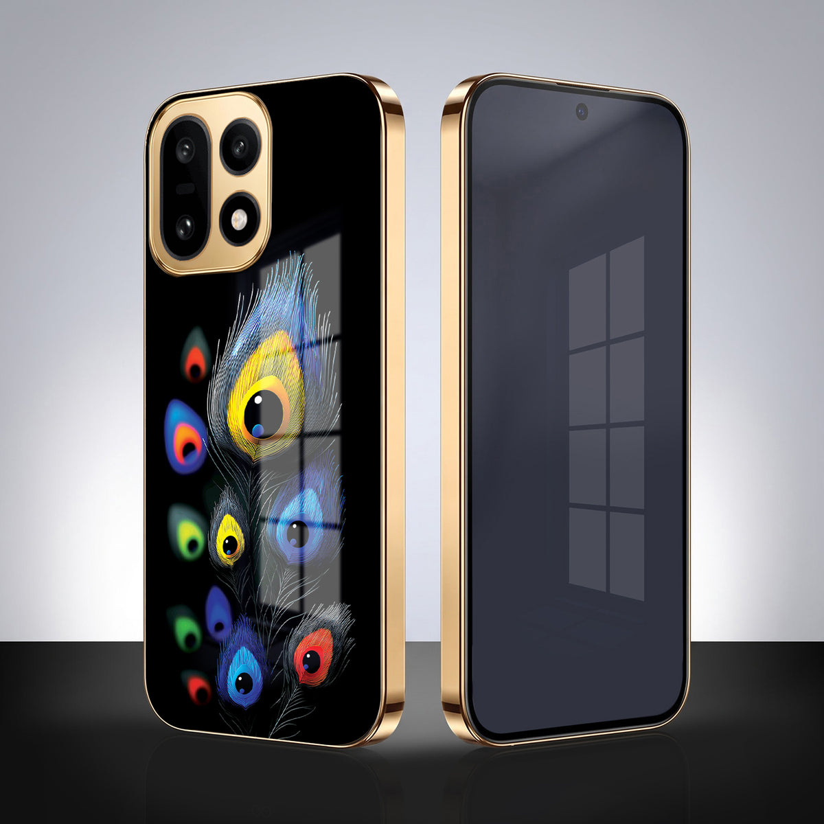 OnePlus 15 5G Multi-Feather Peacock Gold Electroplated Glass Phone Back Case