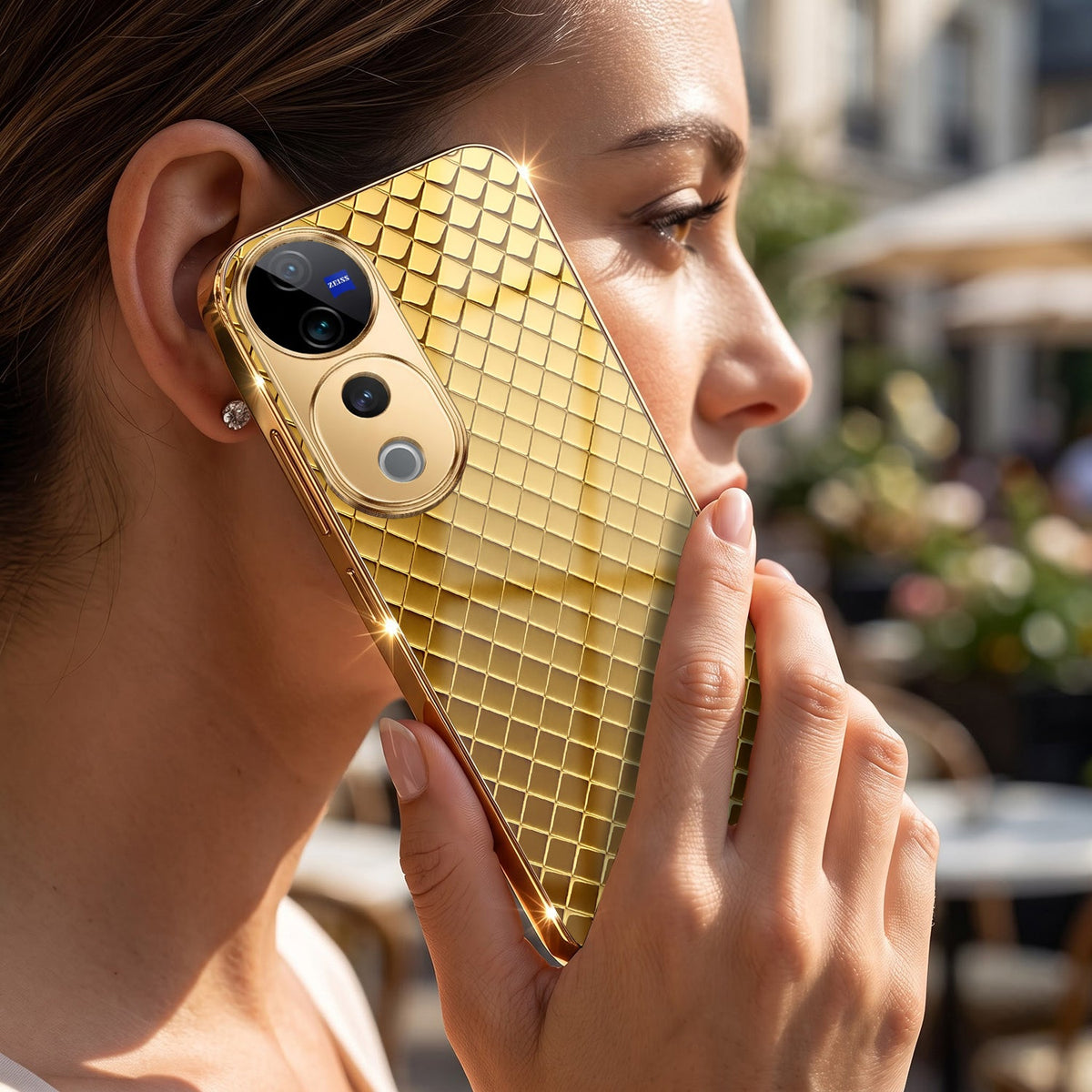 Vivo V40 Pro 5G Golden Criss Cross Gold Electroplated Glass Phone Back Case