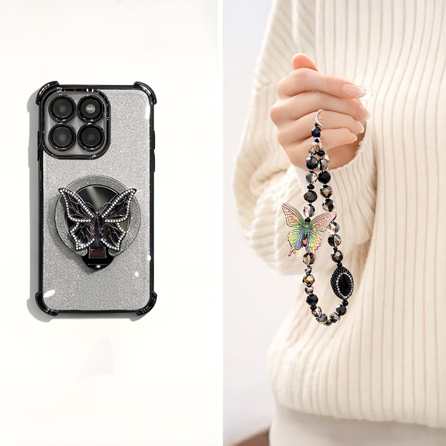 Motorola Edge 60 Pro 5G Phone case with butterfly design and beaded keychain held by a person wearing a white sweater.