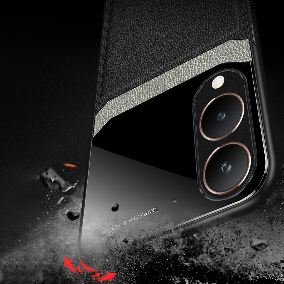 all black colored mobile phone case with a leather finish and a protective edge around the phone's camera and screen.