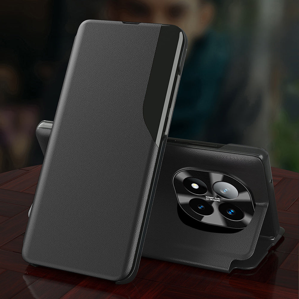 Black phone case on a wooden surface with a blurred background