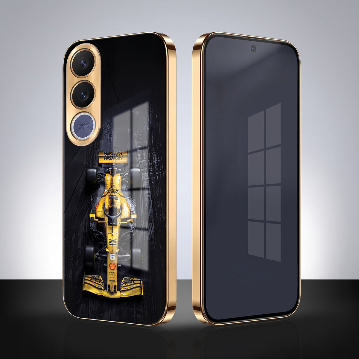 Vivo V70 FE 5G F1 Racing Car Gold Electroplated Glass Phone Back Case