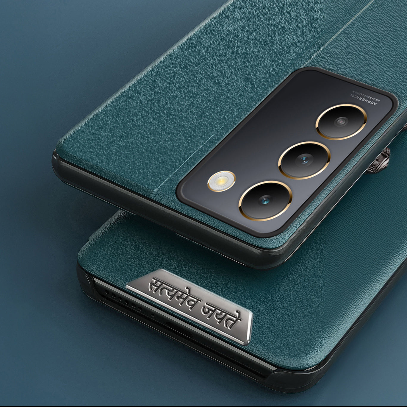 Vivo Y200e 5G Metal Satyamev Jayate 2-in-1 Emblem Half-Window Leather Flip Case