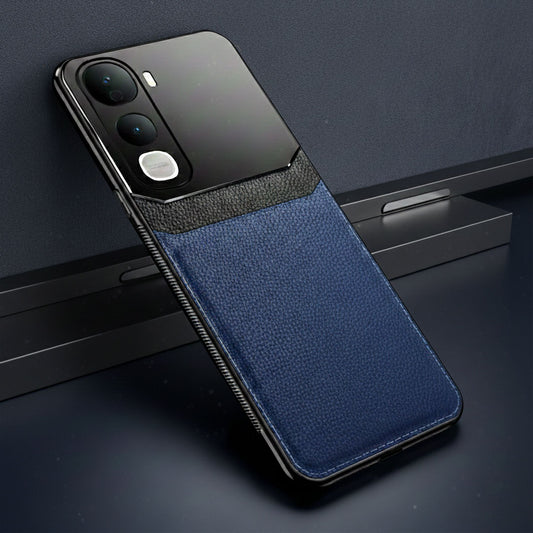 Vivo Y400 Pro 5G Phone case with blue fabric back and black metal accents on a dark background