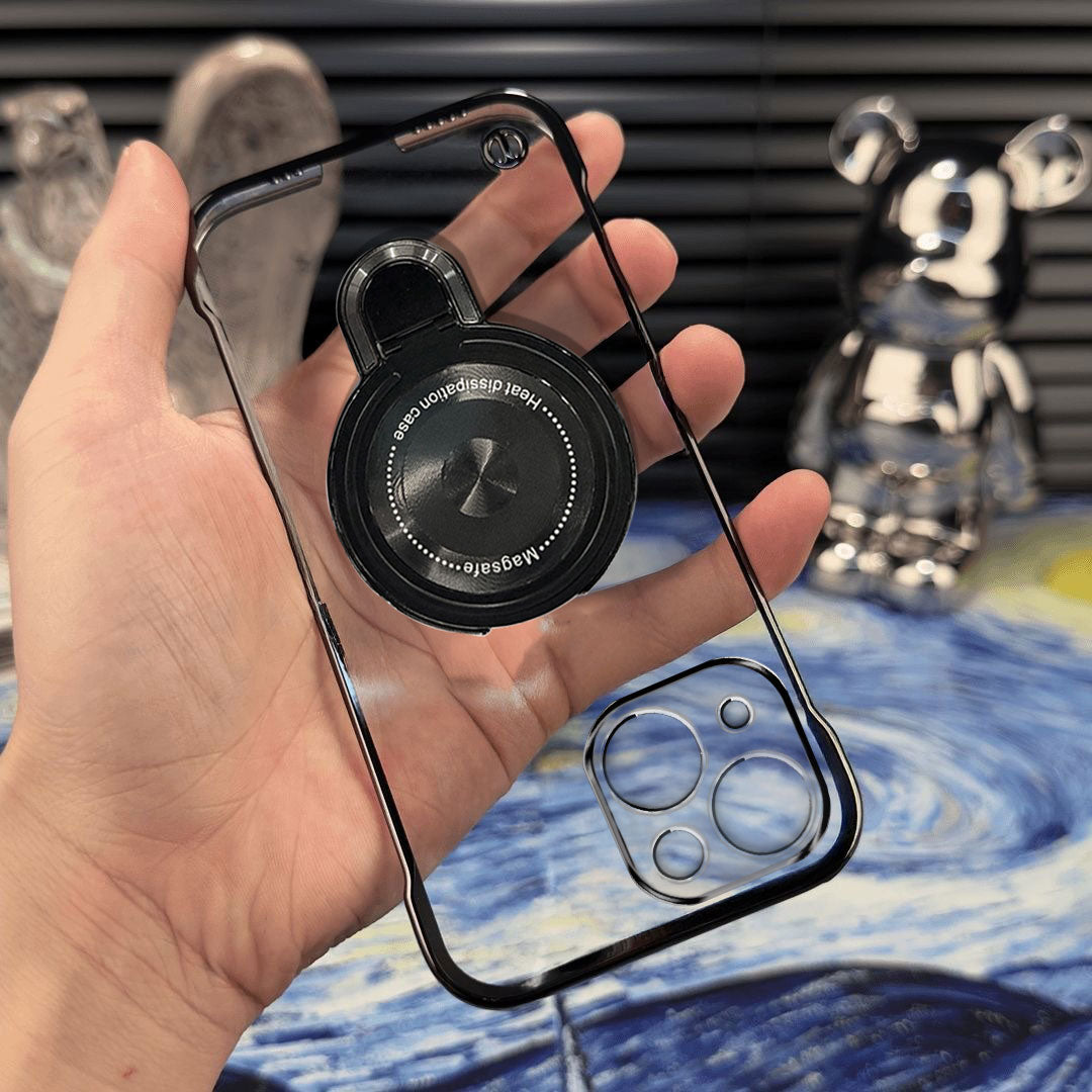 iPhone 15 Plus Phone case with camera lens protector held in a hand, with a blurred background