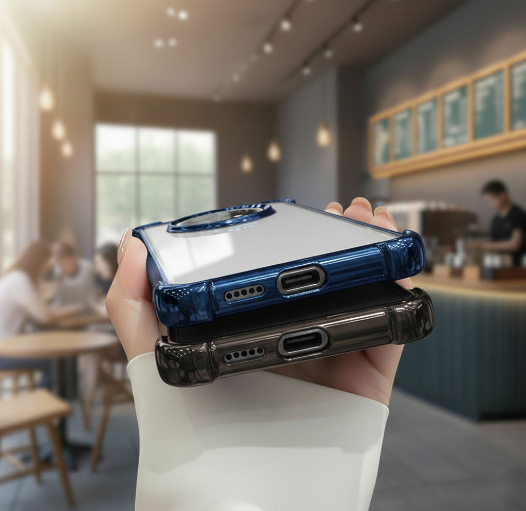 Two Oppo F31 Pro Plus 5G phone cases held in a hand with a blurred cafe background