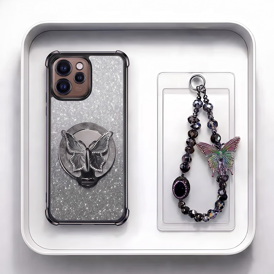 Oppo Reno 15 Pro Mini 5G Shockproof Shimmer Butterfly Stand Case with Charm Strap