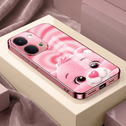 Vivo T5x 5G Luxury Cute Teddy Pink Electroplated Glass Phone Back Case