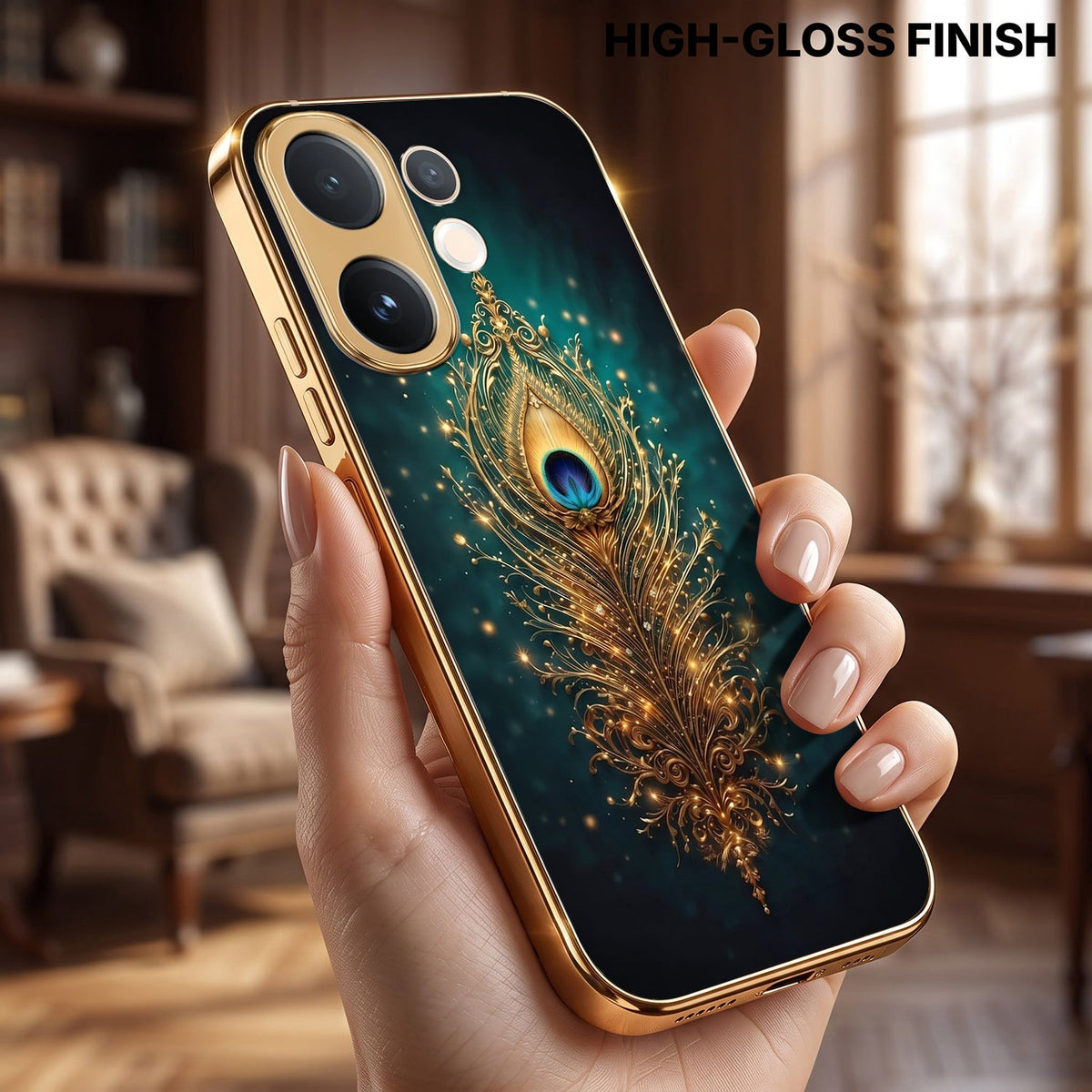 Vivo V60 5G Golden Peacock Feather Gold Electroplated Glass Phone Back Case