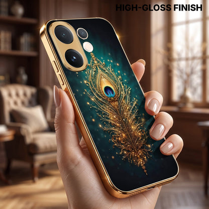 Vivo V60 5G Golden Peacock Feather Gold Electroplated Glass Phone Back Case