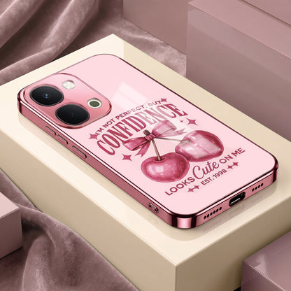 Vivo T5x 5G Luxury Cherry Bow Pink Electroplated Glass Phone Back Case