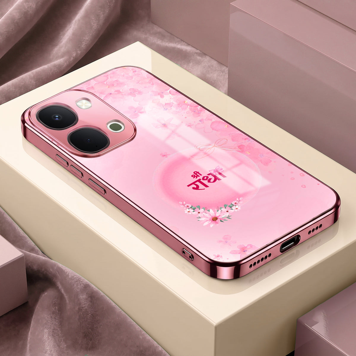 Vivo T5x 5G Luxury Shree Radha Pink Electroplated Glass Phone Back Case