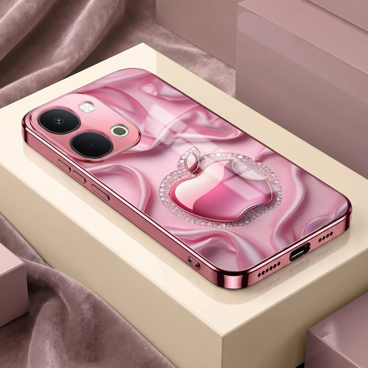 Vivo T5x 5G Luxury Apple Logo Pink Electroplated Glass Phone Back Case
