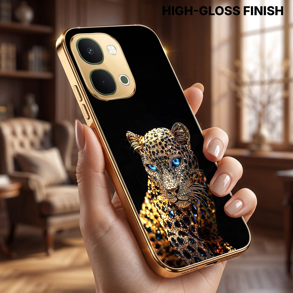 Vivo T5x 5G Panther Gold Electroplated Glass Phone Back Case