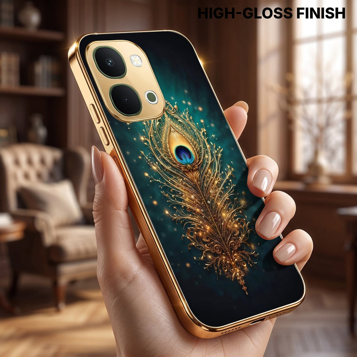 Vivo T5x 5G Golden Peacock Feather Gold Electroplated Glass Phone Back Case