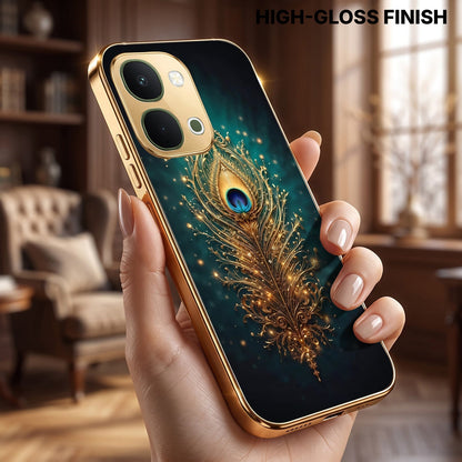 Vivo T5x 5G Golden Peacock Feather Gold Electroplated Glass Phone Back Case