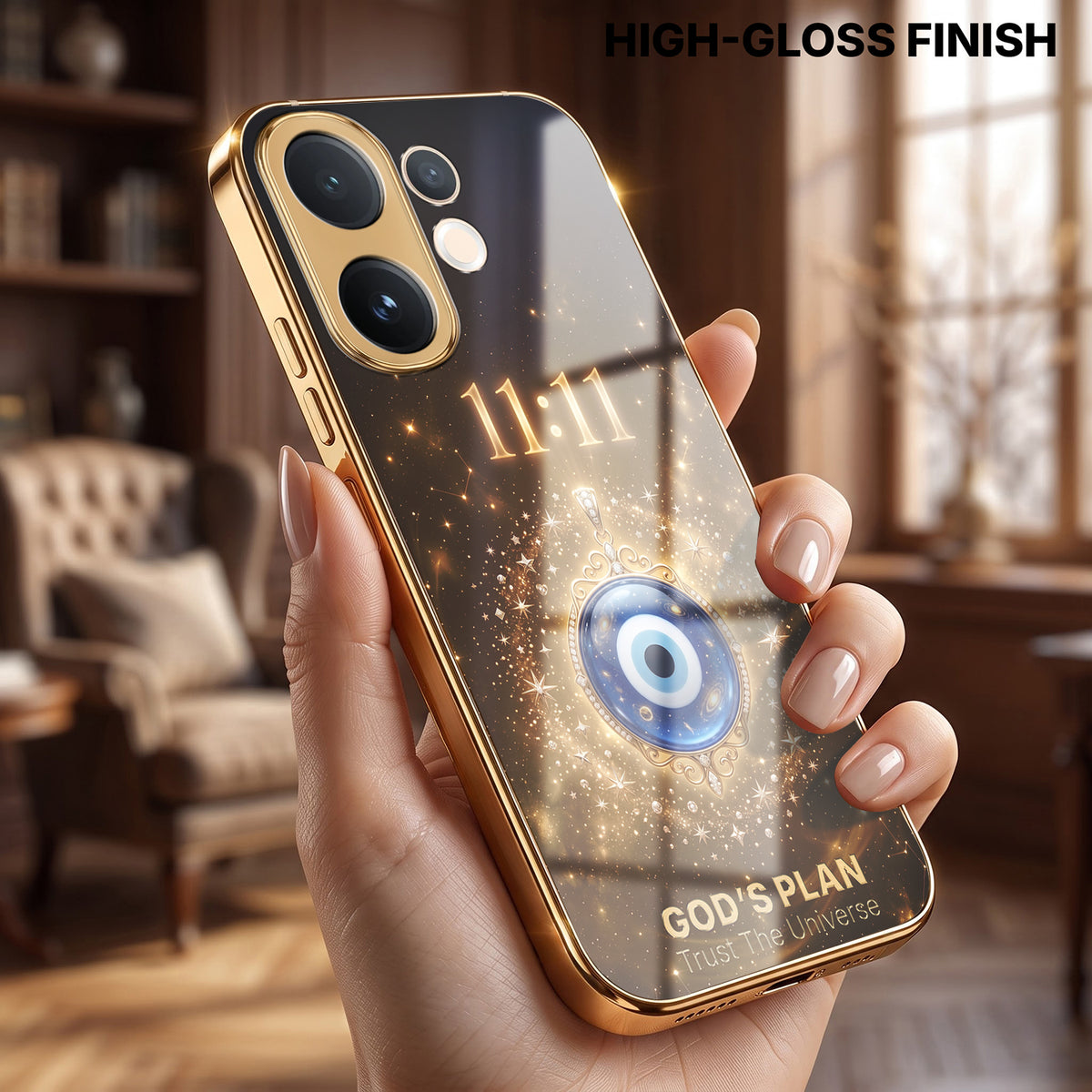 Vivo V60 5G God’s Plan Evil Eye Gold Electroplated Glass Phone Back Case