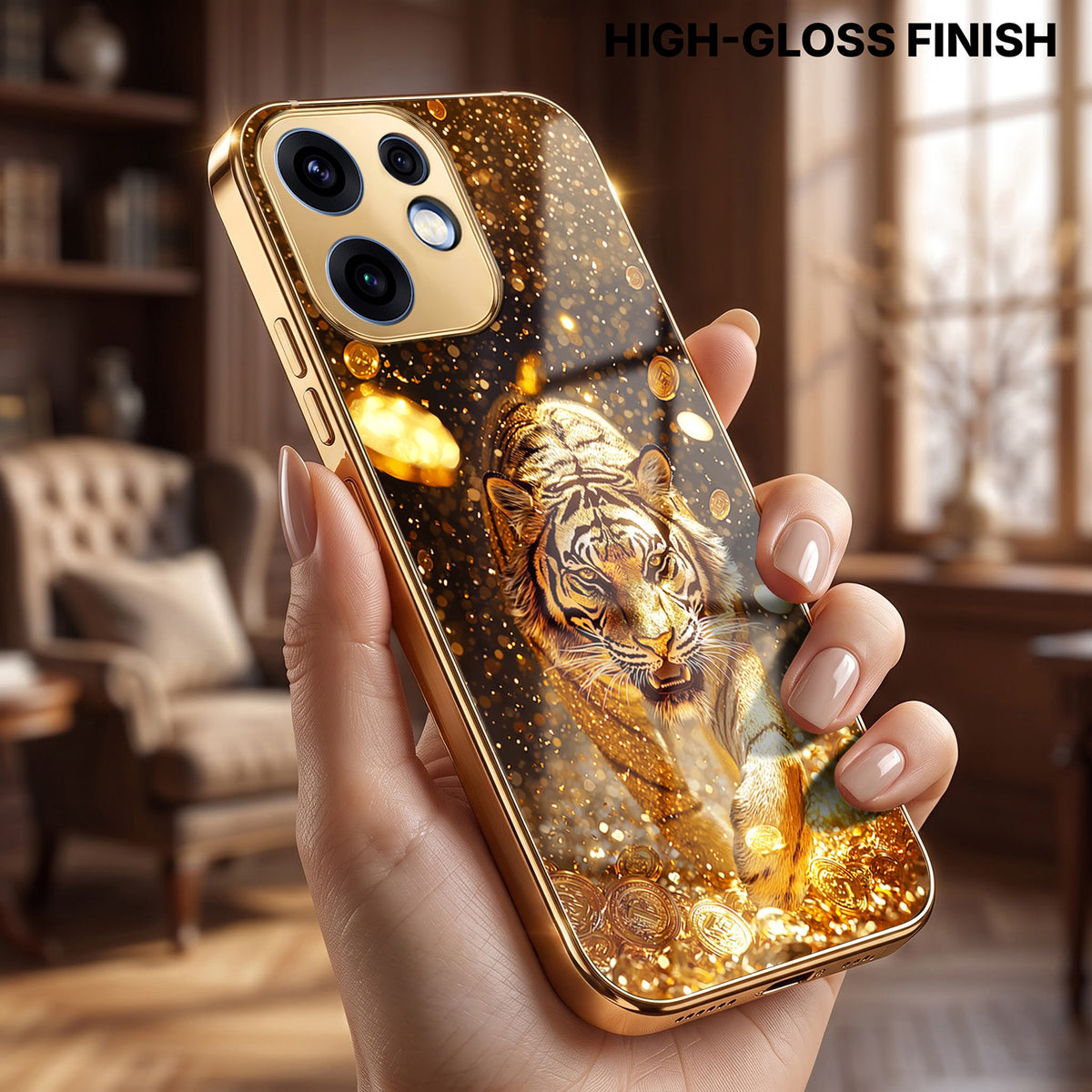 Oppo Reno 16 5G Luxury Tiger Gold Electroplated Glass Phone Back Case