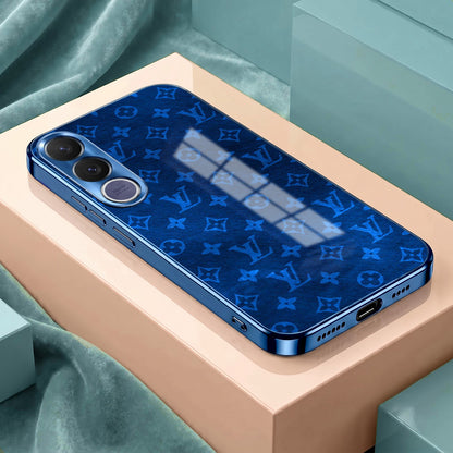 Vivo V70 FE 5G Luxury Monogram Blue Electroplated Glass Phone Back Case
