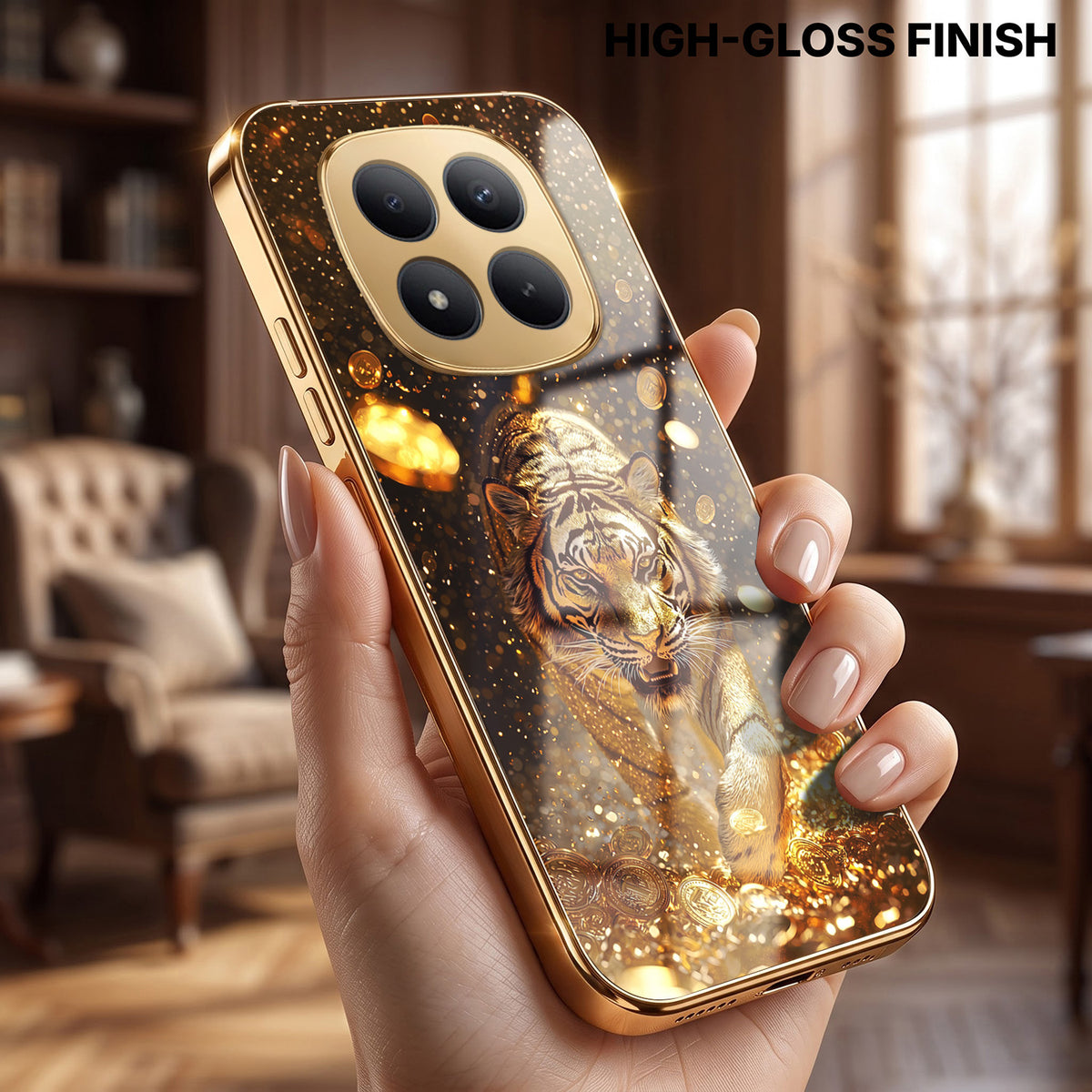 Redmi Note 15 Pro Plus 5G Luxury Tiger Gold Electroplated Glass Phone Back Case
