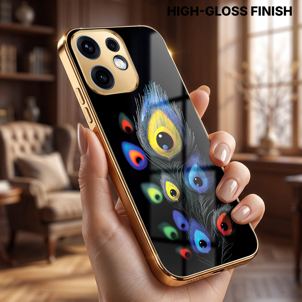 Oppo Reno 16 5G Multi-Feather Peacock Gold Electroplated Glass Phone Back Case