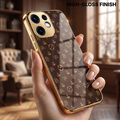 Oppo Reno 16 5G Luxury Monogram Brown Gold Electroplated Glass Phone Back Case