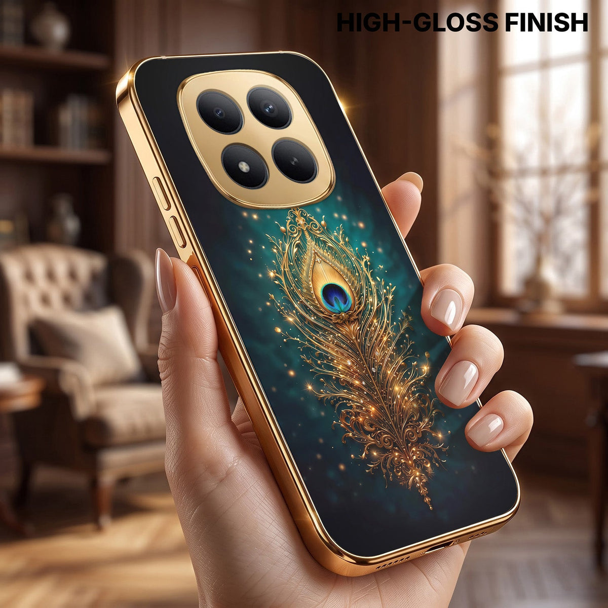 Redmi Note 15 Pro+ 5G Golden Peacock Feather Gold Electroplated Glass Phone Back Case