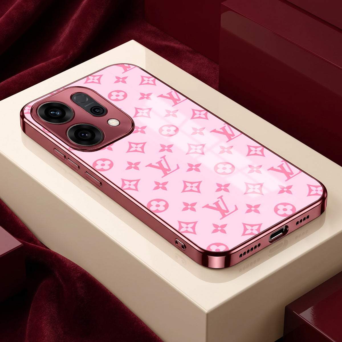 Oppo Reno 14 5G Luxury Monogram Pink Electroplated Glass Phone Back Case