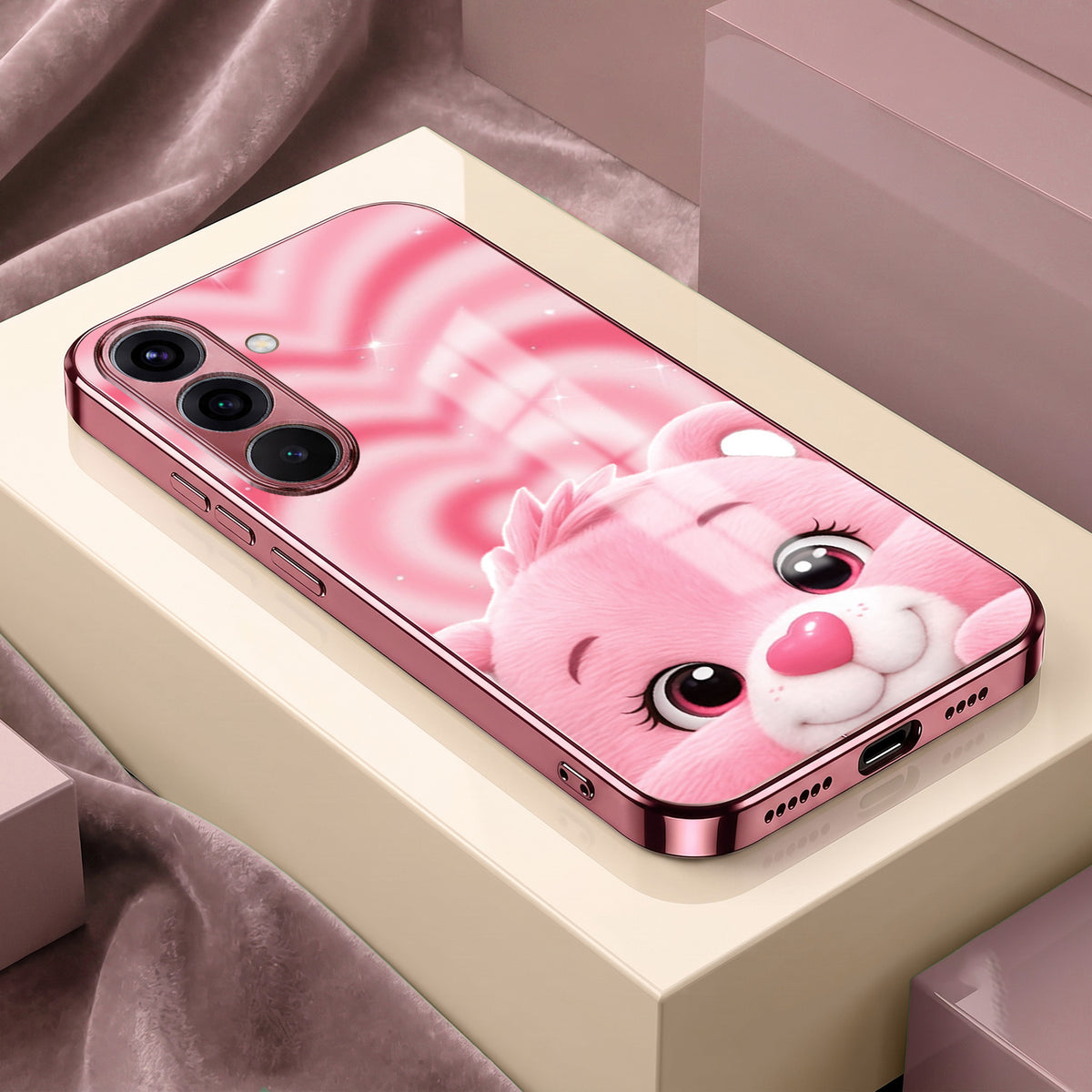 Samsung Galaxy A36 5G Luxury Cute Teddy Pink Electroplated Glass Phone Back Case