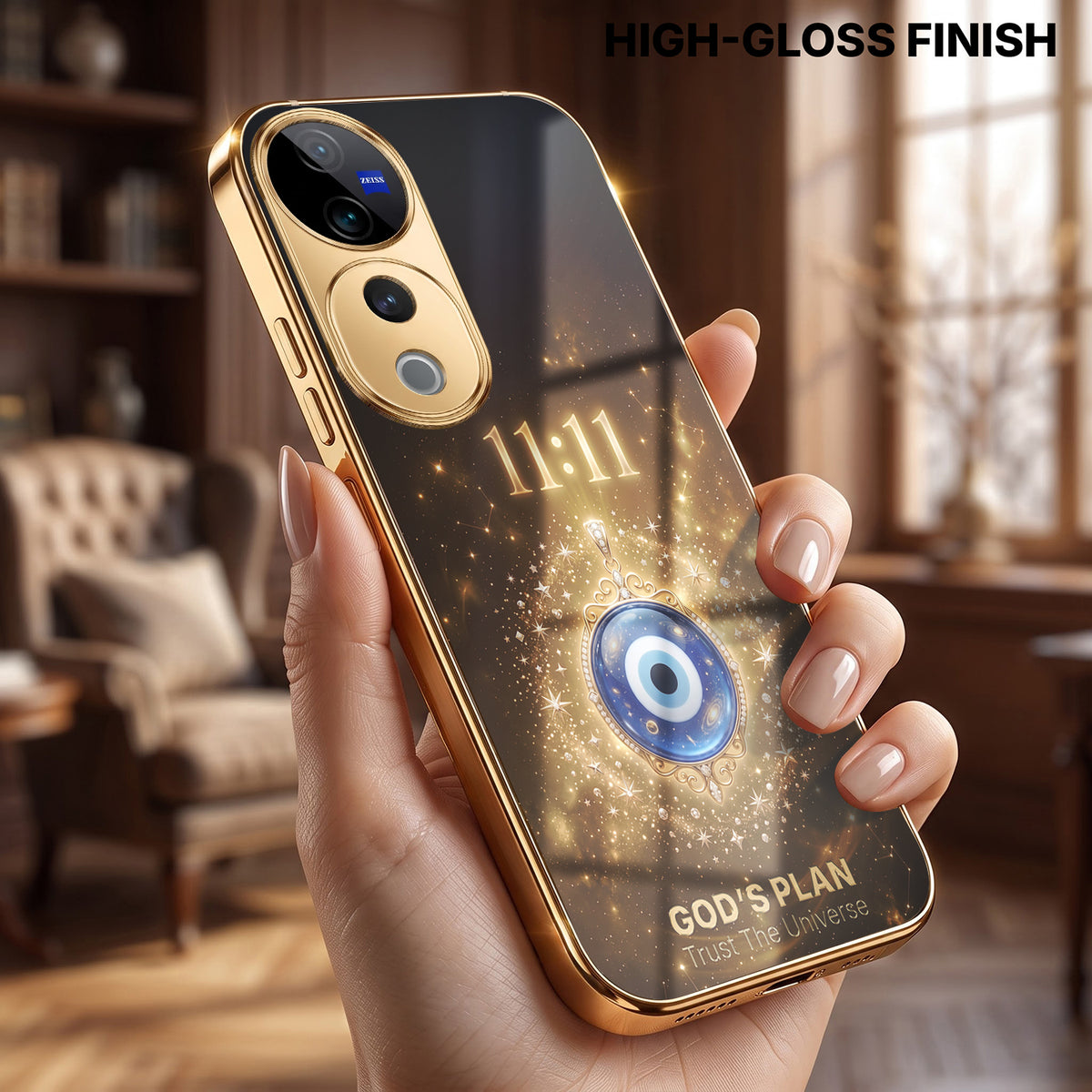 Vivo V40 Pro 5G God’s Plan Evil Eye Gold Electroplated Glass Phone Back Case