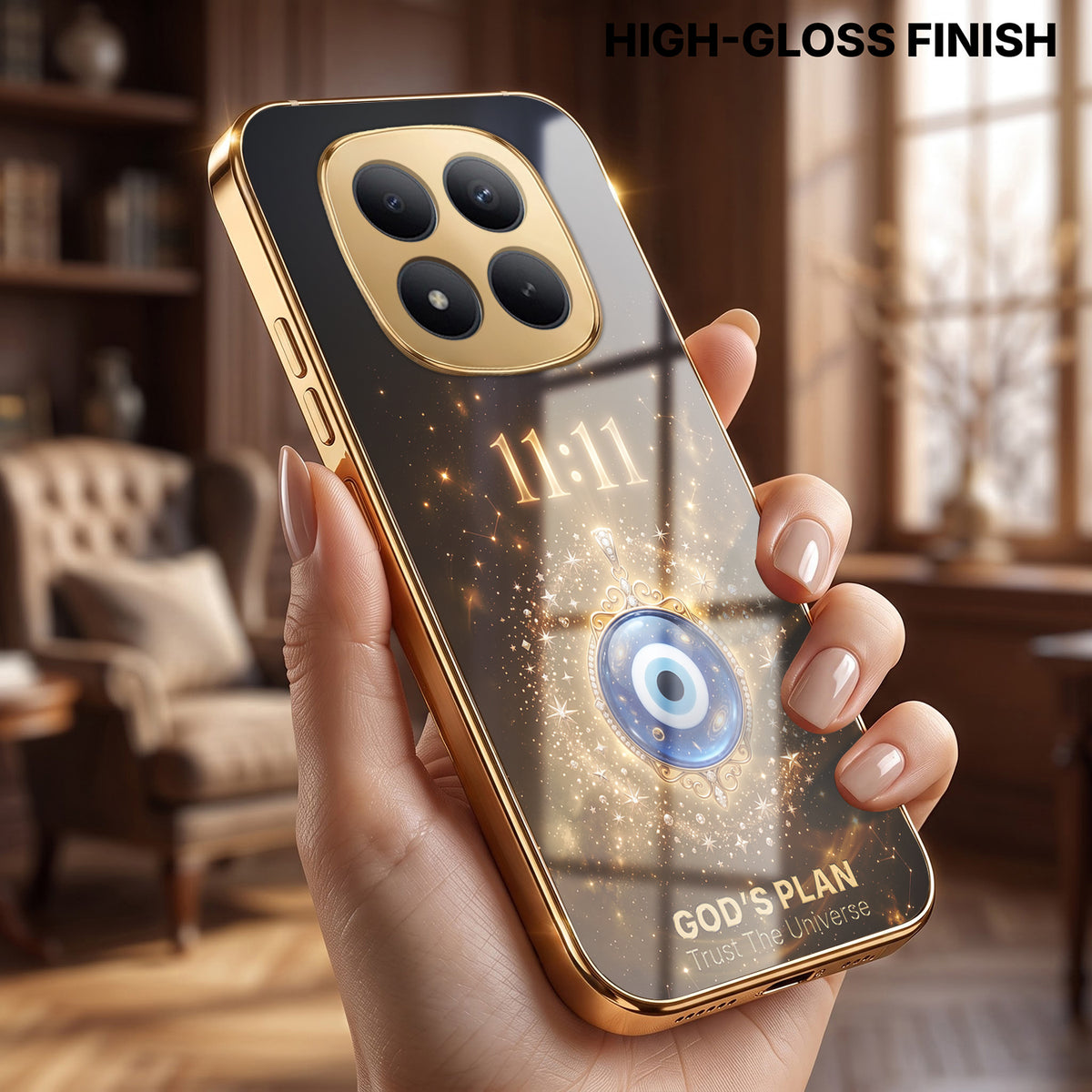 Redmi Note 15 Pro Plus 5G God’s Plan Evil Eye Gold Electroplated Glass Phone Back Case