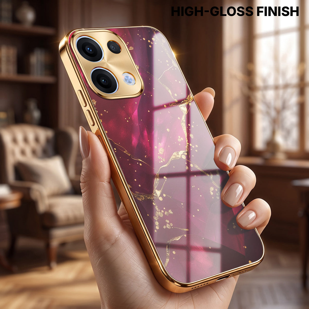 Oppo Reno 13 5G Luxury Crimson Marble Gold Electroplated Glass Phone Back Case