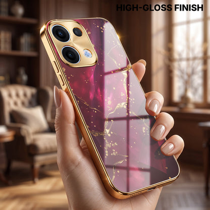 Oppo Reno 13 5G Luxury Crimson Marble Gold Electroplated Glass Phone Back Case