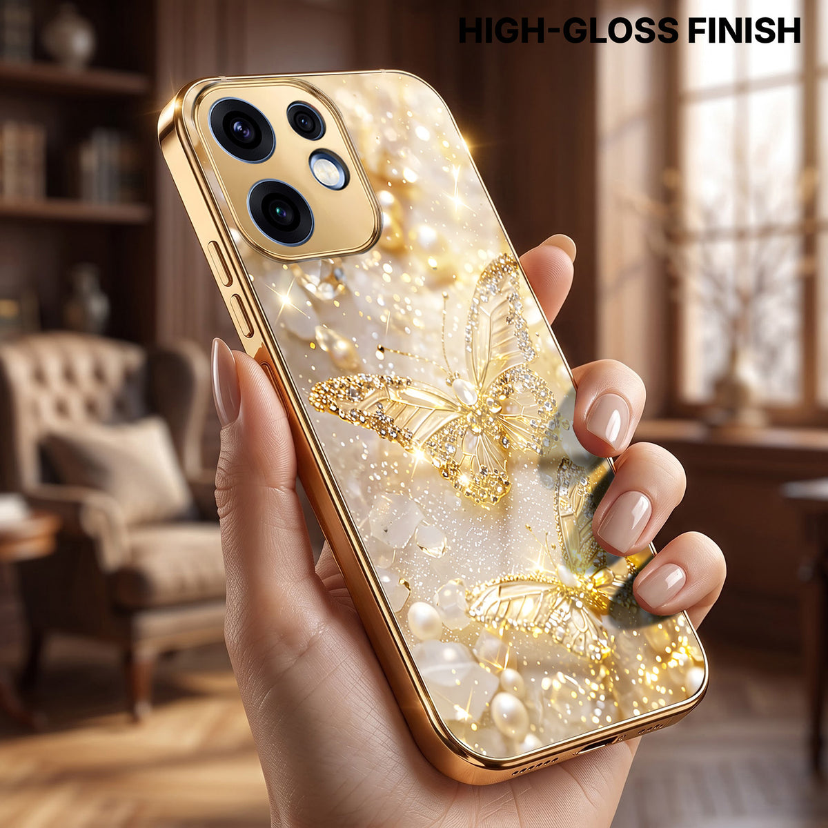 Oppo Reno 16 5G Golden Butterfly Gold Electroplated Glass Phone Back Case