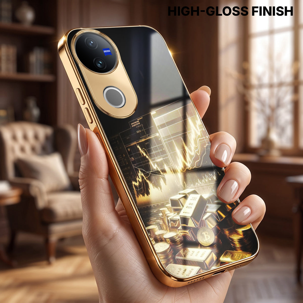 Vivo V50 5G Luxury Wealth Trader Gold Electroplated Glass Phone Back Case