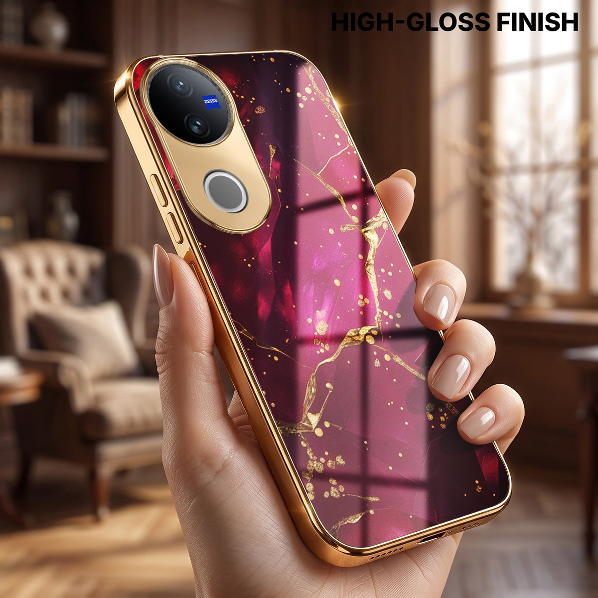 Vivo V50 5G Luxury Crimson Marble Gold Electroplated Glass Phone Back Case