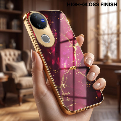 Vivo V50 5G Luxury Crimson Marble Gold Electroplated Glass Phone Back Case