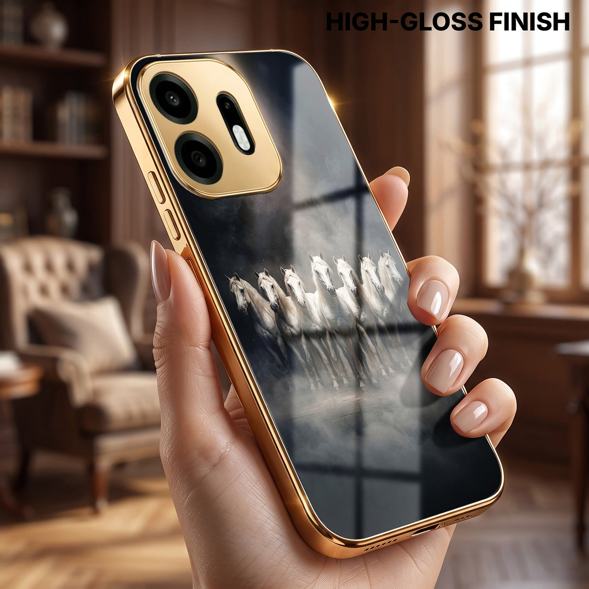 OnePlus N6 5G Running Horses Gold Electroplated Glass Phone Back Case
