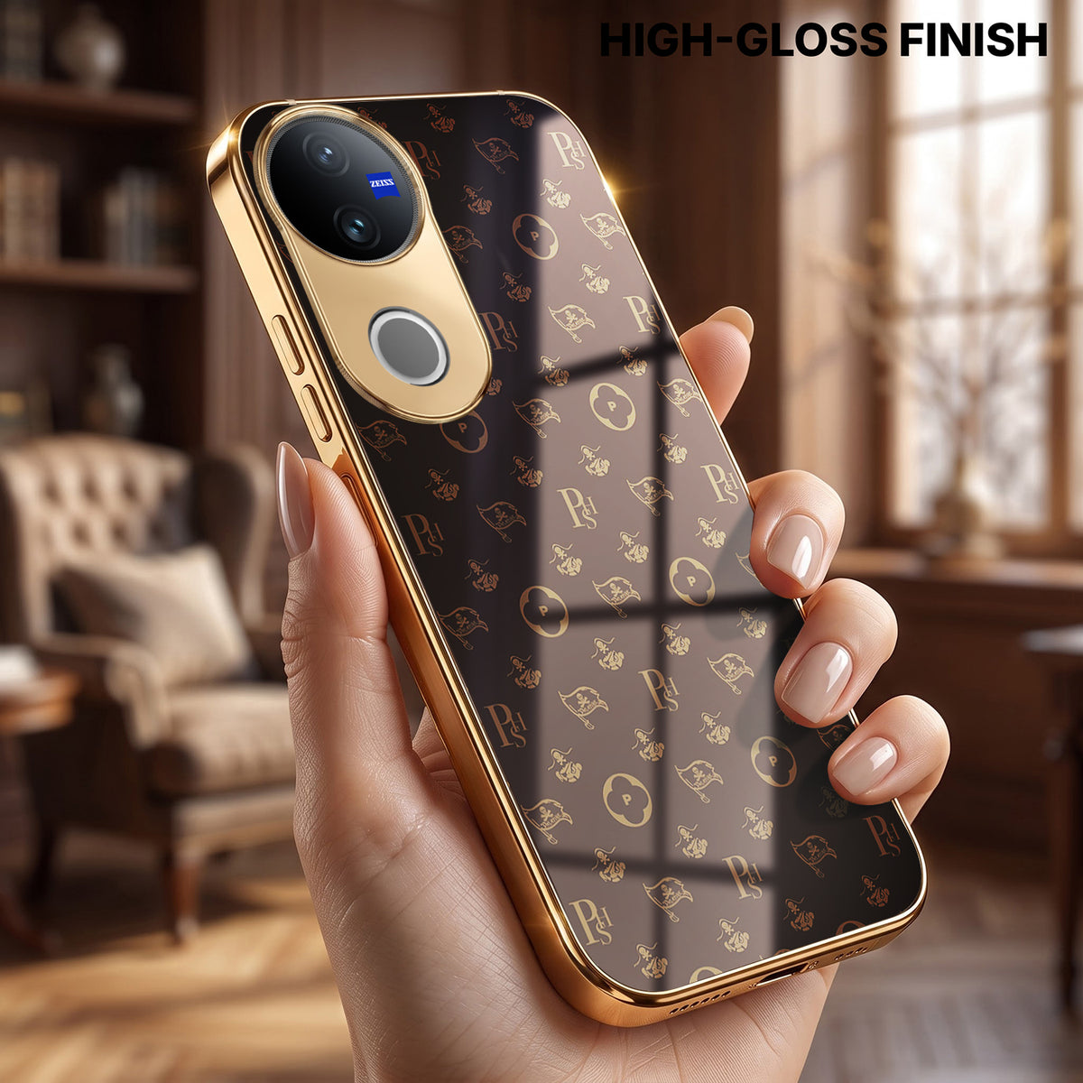 Vivo V50 5G Luxury Monogram Brown Gold Electroplated Glass Phone Back Case