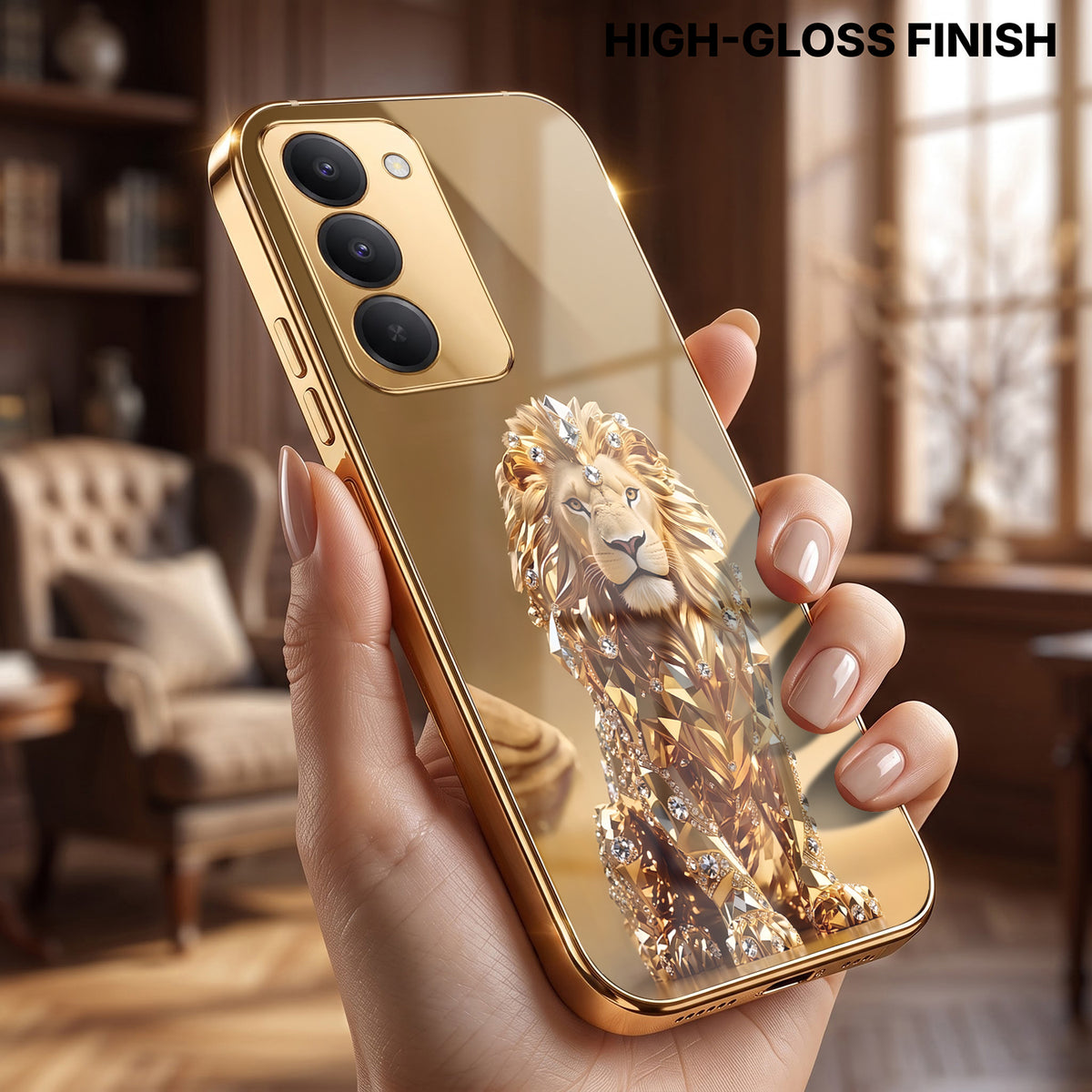 Redmi 15 5G Luxury Lion Gold Electroplated Glass Phone Back Case